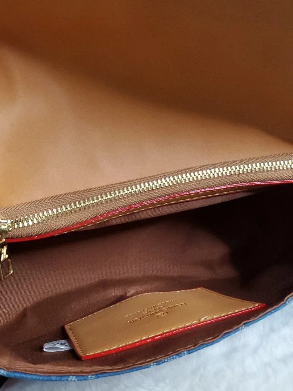 Blue Monogram Denim Crossbody with Tan Trim and Pink Accent Strap